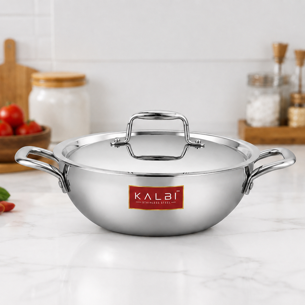 Triply Stainless Steel Kadhai with Lid | Heavy Duty Cookware