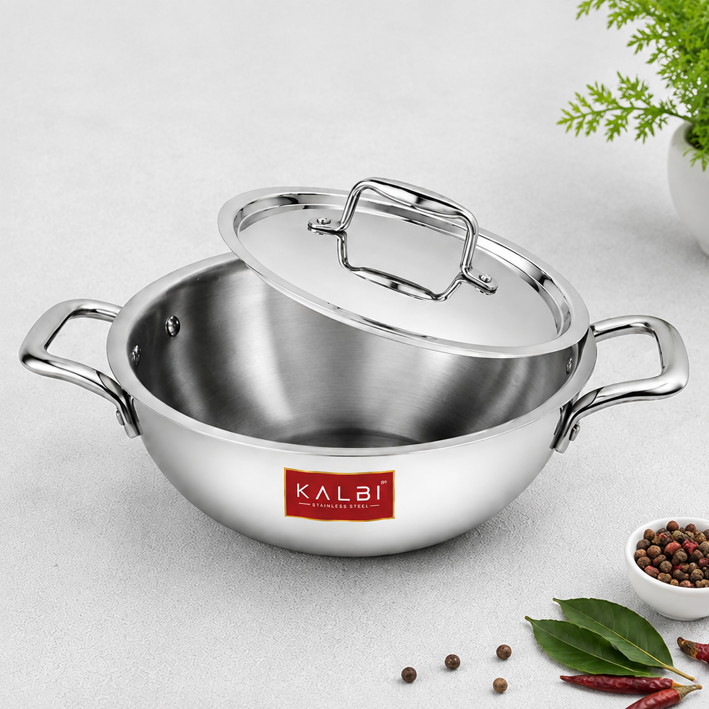 Triply Stainless Steel Kadhai with Lid | Heavy Duty Cookware