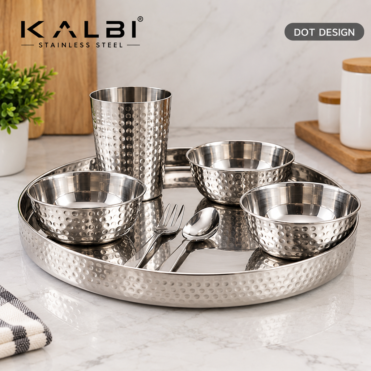 Stainless Steel Dinner Set | Thali Set with Glass, Bowls, Spoon & Plate