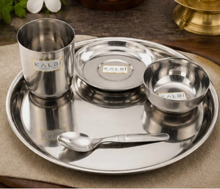 Stainless Steel Dinner Set | Thali Set with Glass, Bowls, Spoon & Plate