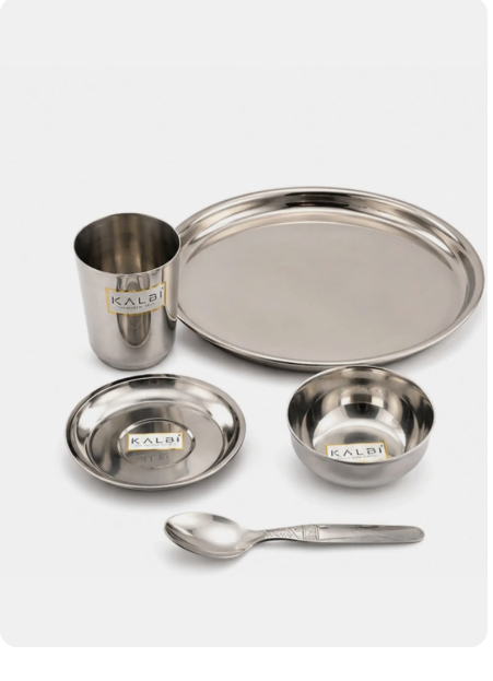 Stainless Steel Dinner Set | Thali Set with Glass, Bowls, Spoon & Plate